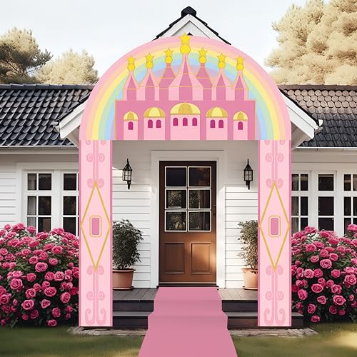 Image of Tingjoo 4 Pcs Princess Castle Door Banner Entryway Party Decorations Emerald Pink Castle Backdrop Hanging Banner Runner for Christmas Girls Birthday Holiday Wizard Party Baby Shower