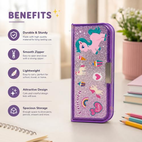 Image of WISHKEY Pencil Box for Kids, Pencil Case for Girls & Boys, Unicorn Glitter Stationery Box with Multiple Compartments, Pen & Pencil Holder, Built-in Sharpener, School Supplies Organizer Multicolor