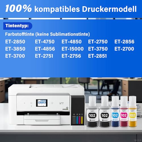 Tinte 102 Multipack kompatibel für Epson ET-2850 ET-4750 ET-4850 ET-2750 ET-2856 ET-3850 ET-4856 ET-15000 ET-3750 ET-2700 ET-3700 ET-2751 ET-2756 ET-2851 Drucker (2Schwarz, C, M, Gelb)
