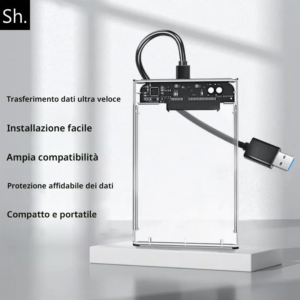 Sh. Case SSD HDD Hard Disk Esterno 2.5" SATA USB 3.0, 5Gbps Supportato UASP, Custodia SSD/HDD Portatile, Box Esterno per Disco Rigido, Adattatore SATA USB 3.0 per Laptop/PC/PS4/Xbox