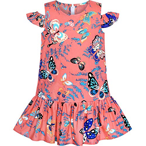 Sunny Fashion Girls Dress Cold Shoulder Pink Ruffle Cotton Casual Sundress