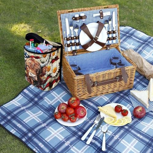 Image of Talayituse Highland Cattle Daisy Print Car Trash Can with Lid, American Flag Wood Leak Proof Auto Trash Bag Hanging Vehicle Garbage Can Multipurpose Storage Container for Back Seat Road Trip