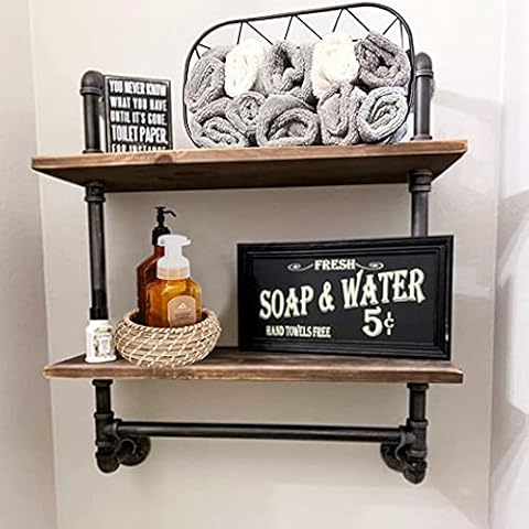 Rustic Bathroom Shelves Towel Rack Industrial Pipe Wall Shelf for Bathroom,2-Tiers Wall Mounted Floating Shelves Towel Storage Shelf Cover