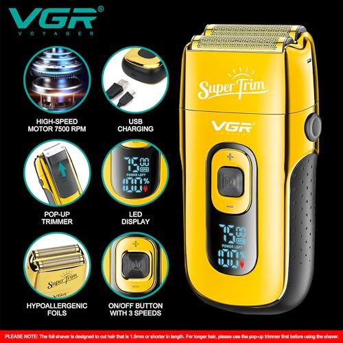 VGR Afeitadora eléctrica de aluminio para hombre, 7500 rpm, recortadora emergente, máquina de afeitar inalámbrica para cara, barba, cuello, cabeza calva, decoloración de la piel (GOLD) - imagen 2