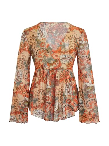 Verdusa Women's Paisley Boho 70s Mesh Tops Western Outfits Lettuce Trim Peplum V Neck Long Sleeve Blouse Top3