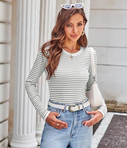 DJT Women's Long Sleeve T Shirts Crew Neck Color Block One Side Slit Slim Fit Knit Tops Sexy Basic Tee4