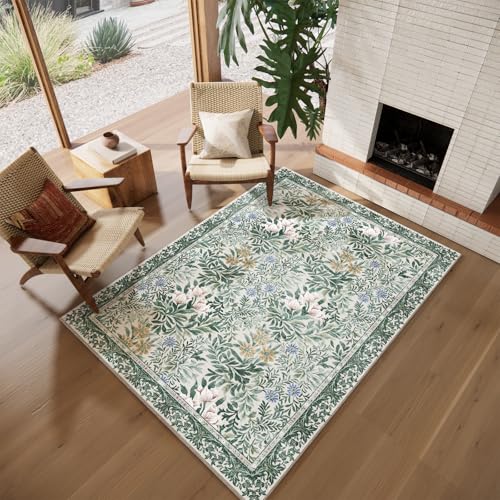 Image of Botanical Floral Area Rug 5x7 Light Green Cream Vintage Garden Design, Perfect for Living Room, Bedroom, Kids Room, Nursery - Stain & Water Resistant Non-Slip, Pet & Child Friendly Area Rugs