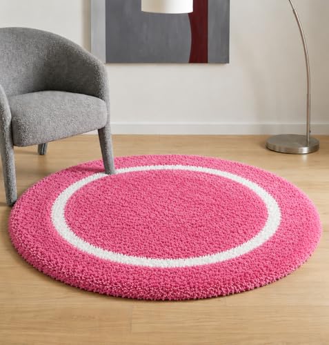 Image of Shaggy Polyester Microfiber Round Rug Carpet for Living Room | Ultra Soft Fluffy Plush Area Rug | Anti-Skid Non-Slip Backing | Washable Carpet for Bedroom- (2x2 feet, Ring Rose, Round)