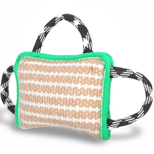 Kifmurase Durable Dog Jute Bite Pillow 9.8 x 6.7 Safe Biting Pad with 3 Strong Handles Safe Tough Jute Tug of War Toy for Medium to Large Dogs Puppy Training Green