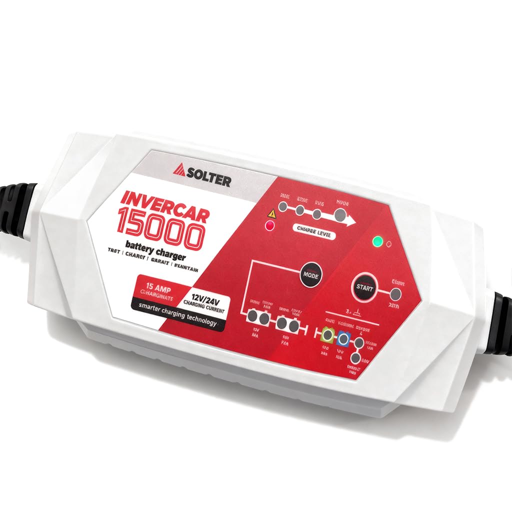 Solter INVERCAR 15000 – Cargador de Batería Profesional 12V/24V, 15A/7.5A, Uso en Coches, Camiones y Maquinaria, Tecnología Inteligente 8 Etapas, Modo Reparación, Protección IP54, Taller y Flotas