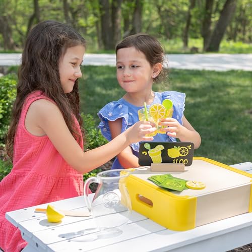 Image of Fat Brain Toys Pretendables Lemonade Time Set, Pretend Play Food Lemonade Stand for Kids with Storage, Great Imaginative Play, Toy Food Set for Ages 3+