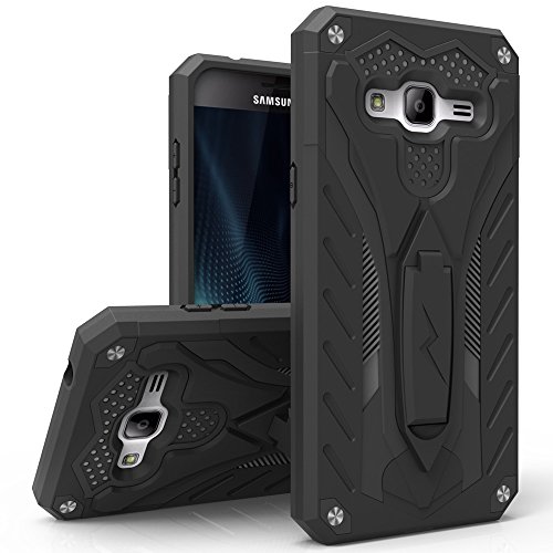 Zizo Static Cover for Samsung Amp Prime J3 2016 Express Prime [Military Grade] Case w/ [Built-in Kickstand] Shockproof Impact Dispersion Technology - Black/Black