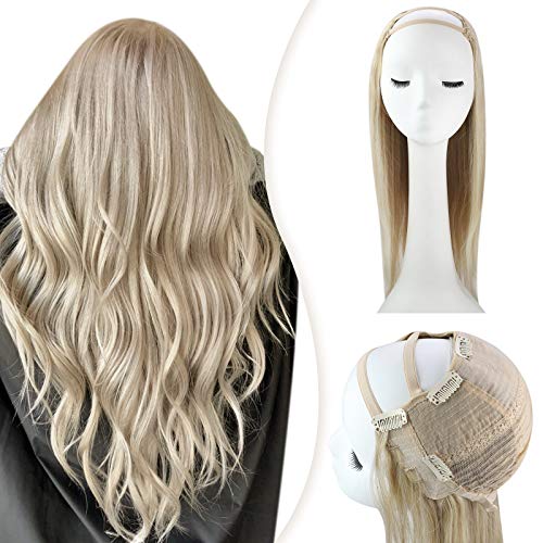 YoungSee U Part Wig Human Hair 16 Inch Blonde U Part Wig Clip in Human Hair Ash Blonde Highlight Bleach Blonde U Part Half Wigs Medium Cap 120G