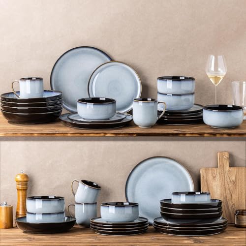 Image of LeRatio Ceramic Dinnerware Sets for 6,Porcelain Plates and Bowls Sets,Handmade Reactive Glaze Dishes Set,Chip Resistant and Scratch Resistant | Oven&Dishwasher & Microwave Safe-Gray White(18PCS)