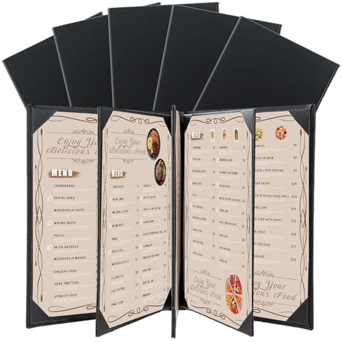 Restaurant Menu Covers Holders 8.5 X 11, 5 Pack Synthetic Leather Menu Holder Covers Book Style with Angled Corners Black for Wine List, Certificate Organizer Diploma Holder (5 Page 8 View)