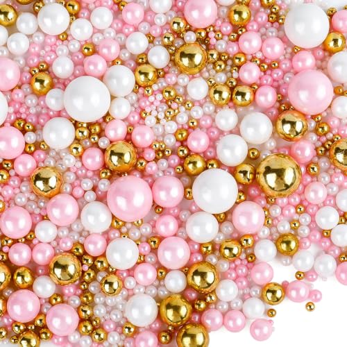 Image of Gold Pink and White Sprinkles for Cake Decorating, 130g /4.6oz Edible Pearl Sprinkles Mix, Sugar Candy Pearls for Baking, Cookie Decorations and Cupcake Toppings, Wedding Party Holiday Supplies