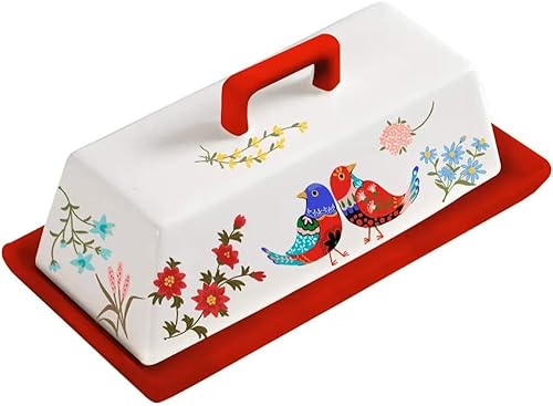 Miniatura 4 de Sizikato Mantequillera de porcelana con tapa, flor roja y patrón de pájaros, 7.5 pulgadas