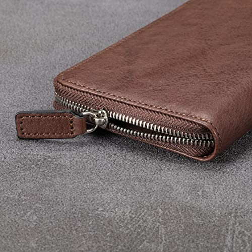 Image of HISCOW Leather Checkbook Cover, Zippered Wallet, Aniline Leather Coffee | Full grain cowhide, 5cc & ID window, personal check book & register pockets, removable duplicate divider, women secure zipper