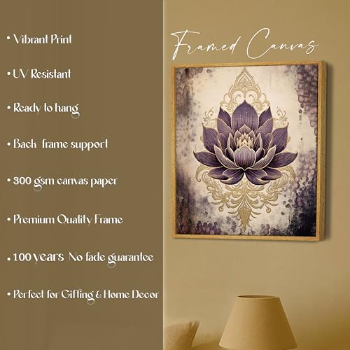 Image of PAINTINGMANTRA Multicolor Abstract Stretched Canvas Framed Painting Wall Art for Living Room Bedroom Office Cafe Beige Purple Gold Lotus Indian Folk Framed Canvas Wall Decor Painting Frame (58x58 cm)