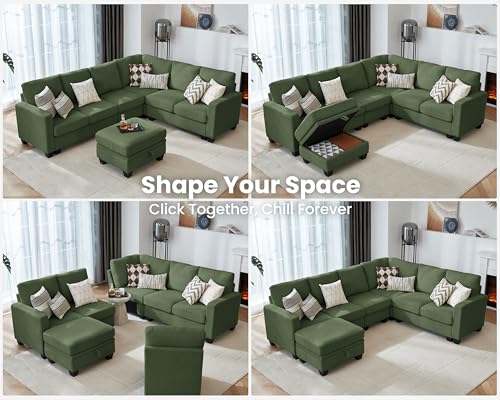 Image of CHIC HOUSE Modular Corner Sectional Sofa with Storage Ottoman, Corduroy L-Shaped Couch, Compact Small Space Furniture for Living Room & Apartment, (Green, 7 Seater L-Shaped)