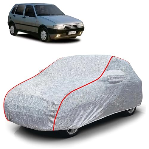 Image of Sulfar 100% Waterproof Car Body Cover Compatible with Mirror for Fiat Uno (Triple Stitched, Full Bottom Elastic, Magic Silver with Red Piping)