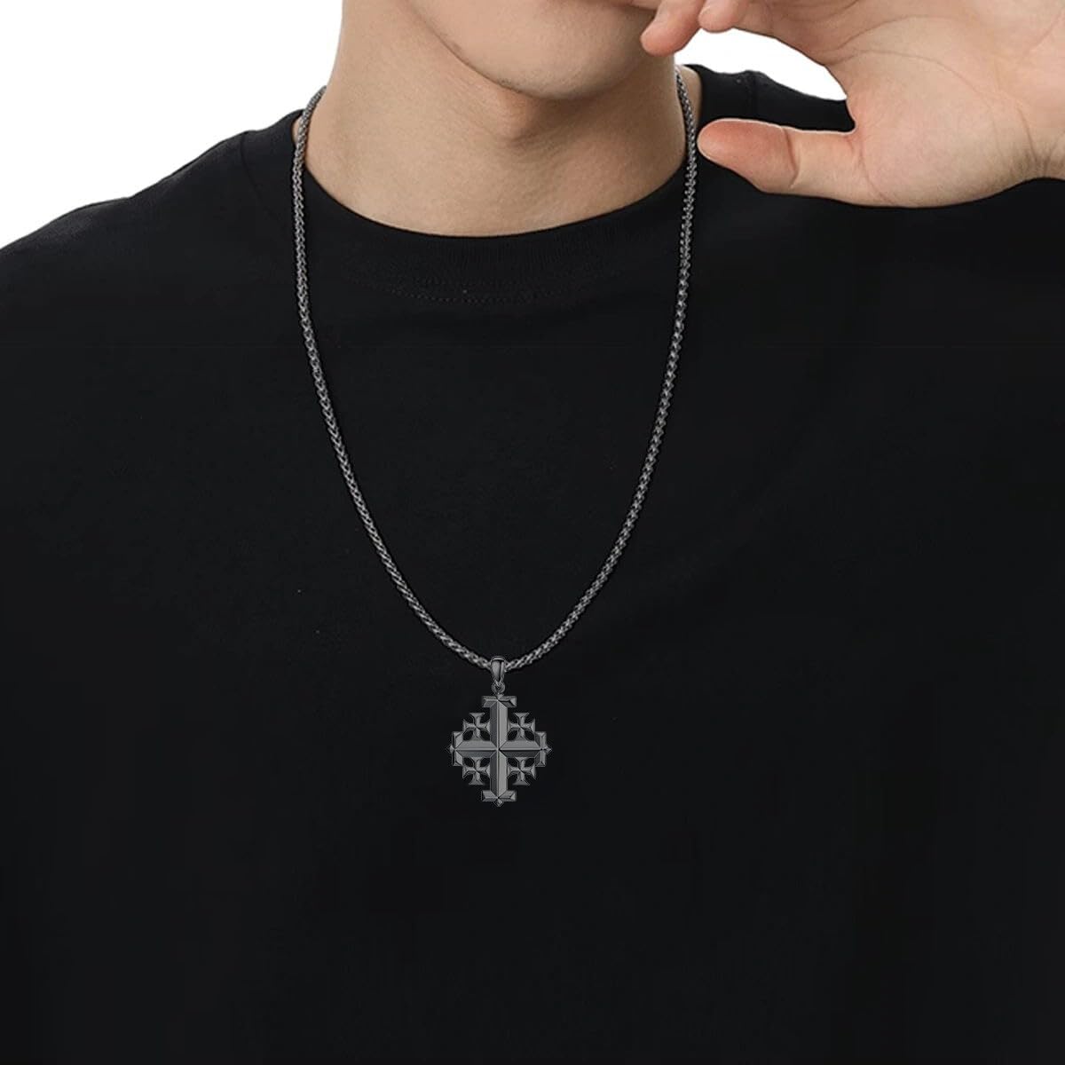 Jerusalem Cross Necklace 925 Sterling Silver Christian Jewelry for Men, w/Stainless Steel Chain 22 + 2 Inch - Image 3