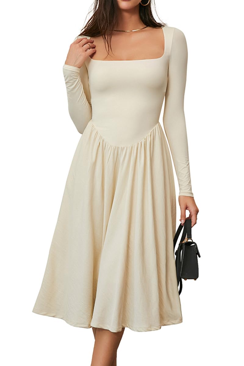 CHYRII Women Spring Fashion 2025 Square Neck Long Sleeve Casual A-Line Midi Dress