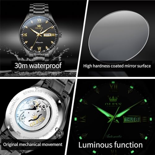 Image of OLEVS Automatic Watches for Men Self Winding Mechanical Classic Diamond Business Luxury Dress Stainless Steel Waterproof Calendar Mens Watch