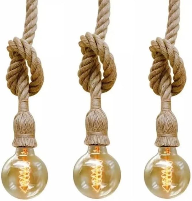 Juego de 3 luces colgantes de cuerda de cáñamo vintage rústicas  Lámparas colgantes hechas a mano con alturas ajustables para isla de cocina,