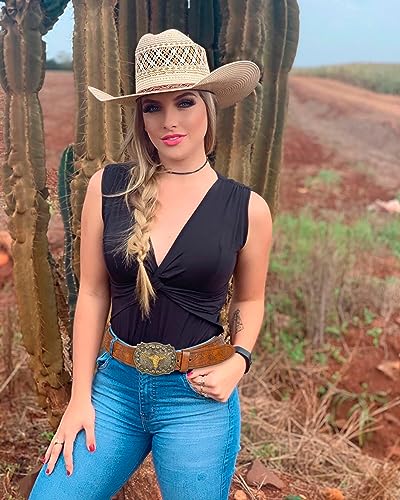 Western Cowboy Cowgirl Leather Belt - Embossed Longhorn Bull Buckle Belt for Men Women Jeans Fit 25"-38" Waist2