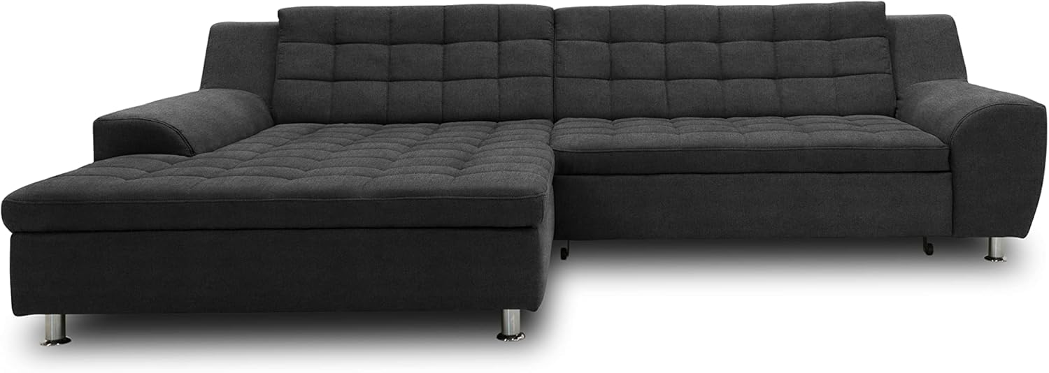 DOMO Collection Merida angolare, Forma di L, Divano ad Angolo, Poliestere Set Imbottito Legno Metallo Tessuto, Grigio Scuro, 200 x 304 cm