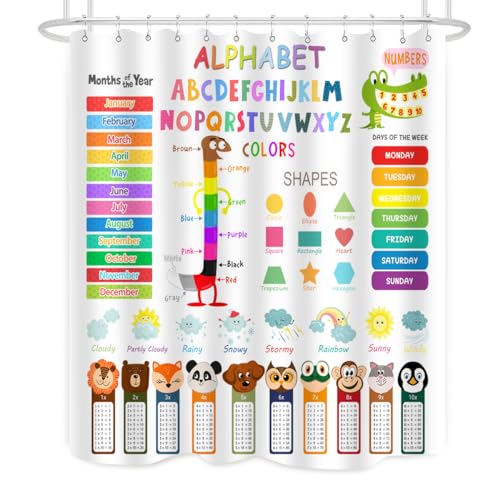 Image of Kids Educational Shower Curtain ABC Learning Tool Funny Cartoon Animals Colors Shapes Weathers Multiplication Table Girls Boys Colorful Decor Waterproof Fabric 72Lx60W Inch with Hooks