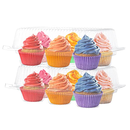 Plastic Cupcake Containers Boxes | 6 Compartment – 12 Pack | Disposable High Dome Dozen Cupcake Holder With Lid Bulk | Extra Sturdy Stackable Cupcake Boxes | Durable Muffin Packaging Transporter To Go #TOP1
