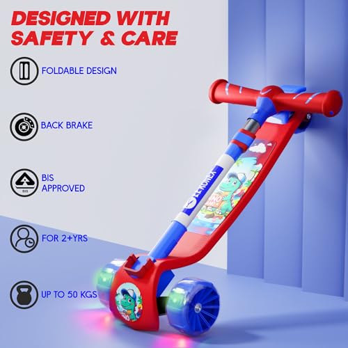 Image of Konex Kick Scooter for Kids (2+ Years) | 3 Broad Rubber Wheels for Smooth Ride | 4-Level Height Adjustable Handle | Foldable & Portable with Back Brake (Red-Blue, LED)