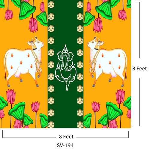 Image of Ganesh Backdrop for Decorations Backdrop Cloth for Pooja Decoration Traditional Background Curtain 8x8 feet (Multi Colur)(Ganesh with Two Cows) (Knit Fabric) pongal Backdrop Decoration
