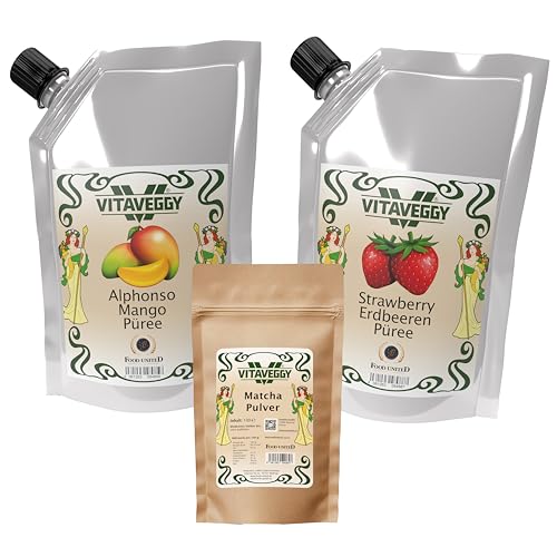 Food-United Matchapulver 100g, Erdbeer- & Mangofruchtpüree Set 1kg aus 100% echten Früchten, für Iced Erdbeer Matcha Latte, Matcha Cappuccinos & Latte Macchiatos, ohne künstliche Zusatzstoffe (1)