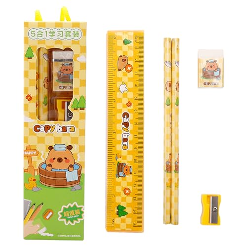 Nurila 5 in 1 Bleistifte Set, 2 Stück Bleistift mit radiergummi, 15cm graduiertes Lineal und Spitzer, Pencil für Schule, Malerei, Schreiben, Schülergebrauch, Badendes Capybara-Thema Bleistift