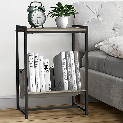Record Player Table, 2 Tier Turntable Stand with Wheels Rolling Vinyl Record Album Storage Cabinet Display Stand Shelf Modern End Table Nightstand for Living Room Bedroom Office, Grey - Thumbnail 7