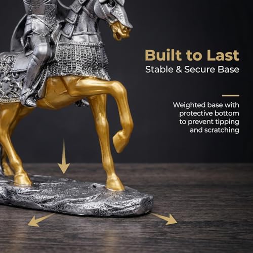 YANTIANCAI Medieval Knight Statue with Sword & Shield - Antique Silver & Gold Armored Crusader Figurine - Resin Warrior Sculpture for Bookshelf, Office Desk & History Buff Gifts (11 Inches Tall) - image 6