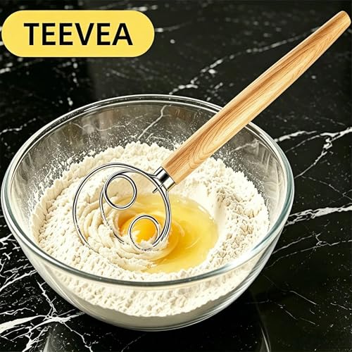 Image of TEEVEA Danish Dough Whisk Stainless Steel Wooden Handle for Sourdough Bread | 4-Loop Food-Grade Steel Dutch Whisk, Even Mixing, Replaces Dough Hook and Mixing Spoon, Nonstick Easy Clean, Sourdough Mixer
