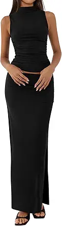 BTFBM Summer Two Piece Skirt Set for Women 2025 Dressy Lightweight Sleeveless Knit Top Going Out Split Maxi Skirt Set