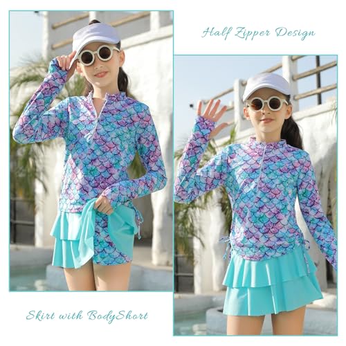 Image of Size 7-8 Girls Mermaid Swimsuits with Rash Guard Skirts Big Girl's Cute Shorts Ruffle Sports Bathing Suits 7 8 Year Kids 2 Piece Zip Sunsuits UPF 50 Long Sleeve Shirts for Hawaiian Beach Cover-ups