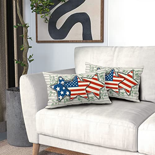 4Th Of July Pillow Covers 12X20 Inch Set Of 2 Patriotic Outdoor Pillows America Stars And Stripes Eucalyptus Leaf Throw Pillow Covers Cotton Lumbar Cushion Cover Decor For Couch Bed Living Room Sofa #TOP5