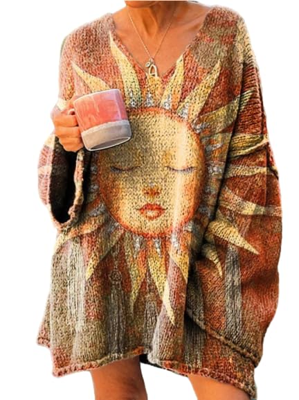 Womens Bohemian V-Neck Sweaters Oversized Balloon Sleeve Knit Pullovers Floral Mandala Paisley Artistic Casual Tops