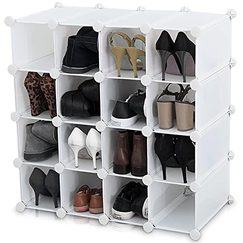 AMOS 16 Pair Interlocking Cube Shoe Storage Rack Organiser with Back Panels Space-Saving Adjustable Modular Slot Shelf Box Unit Boots Trainers Display Stand Holder (White)