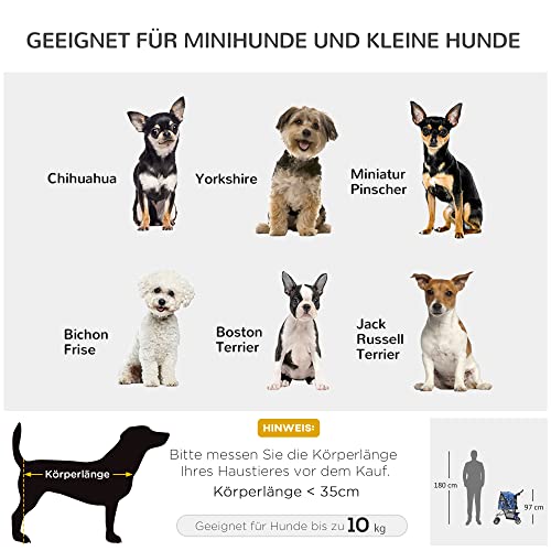 PawHut Hundebuggy, Hundewagen mit Regenverdeck, faltbarer Hundetrolley bis 10 kg, Katzenbuggy für kleine Hunde mit Netzfenster, Katzenwagen, Blau, 75 x 45 x 97 cm