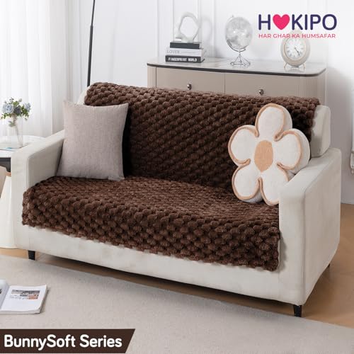 Image of HOKIPO Luxury Rabbit Wool Plush Fluffy Sofa Cover for 2 Seater Sofa | Full Protection for Sofa Seat and Back | 'BunnySoft Series' (180x120 cm), Dark Chocolate (AR-6667-DCHOC)