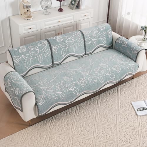 Image of HOKIPO Complete (Seat+Back+Arm) Sofa Mat Set for 3 Seater Sofa |Premium Chenille Sofa Covers with Curve Edges, 'Serene Curves Series' - Celestical Leaves (IN-997+1002+1001 * 2 - D4)