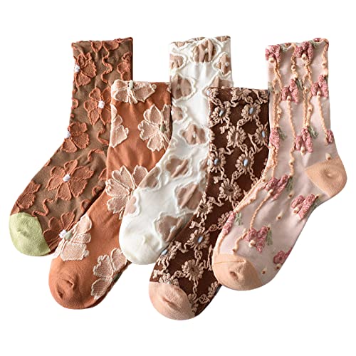 5 Pack Cute Womens Floral Socks, Vintage Embroidered Frilly Floral Ankle Cotton Cottagecore Socks