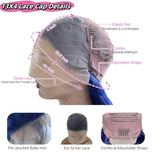 Image of 30 Inch Blue Lace Front Wigs Human Hair 13x4 HD Transparent Dark Blue Body Wave Human Hair Lace Front Wigs for Women 180 Density Pre Plcked Lace Frontal Colored Wig with Baby Hair